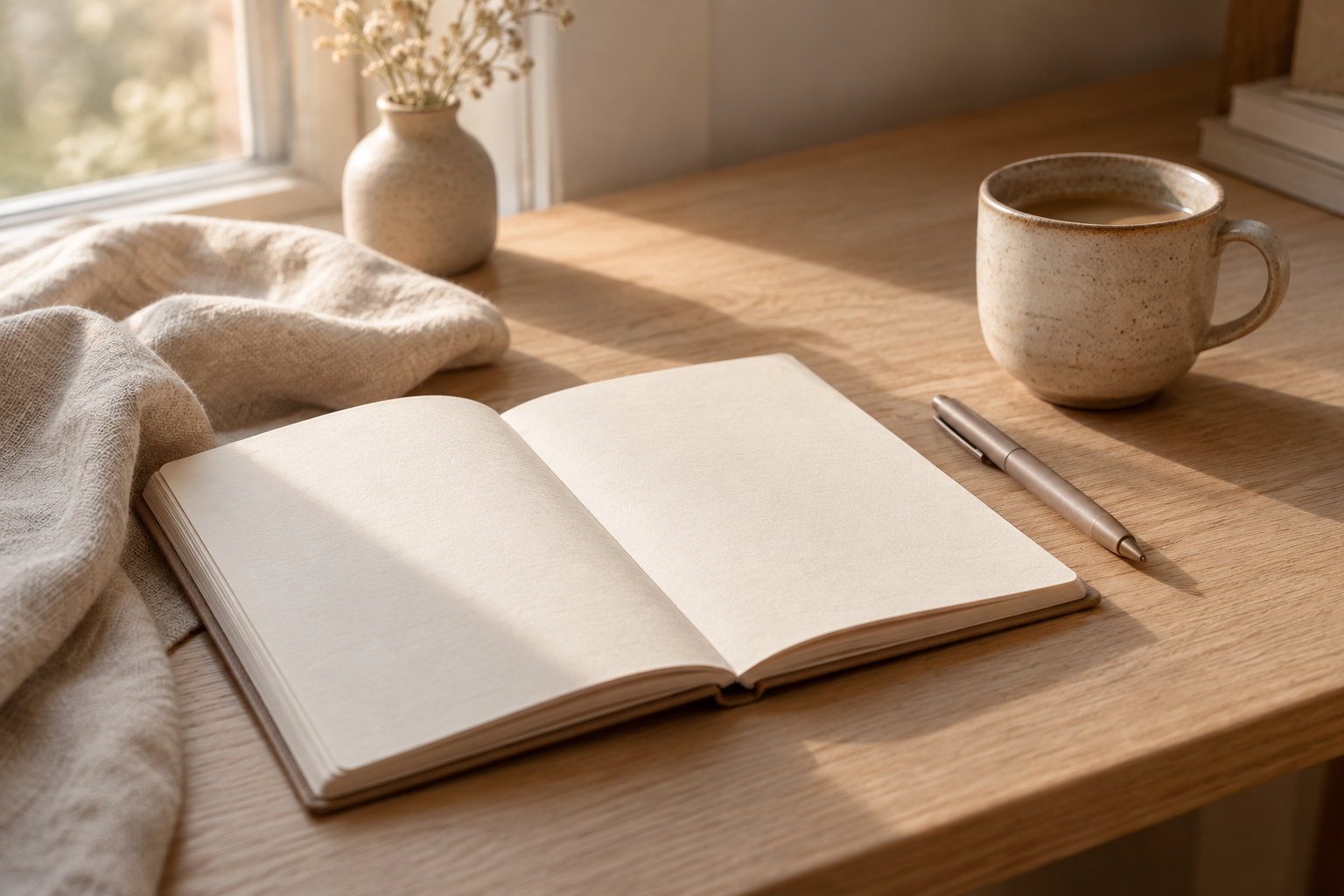 neutral desk journal and ceramic cup