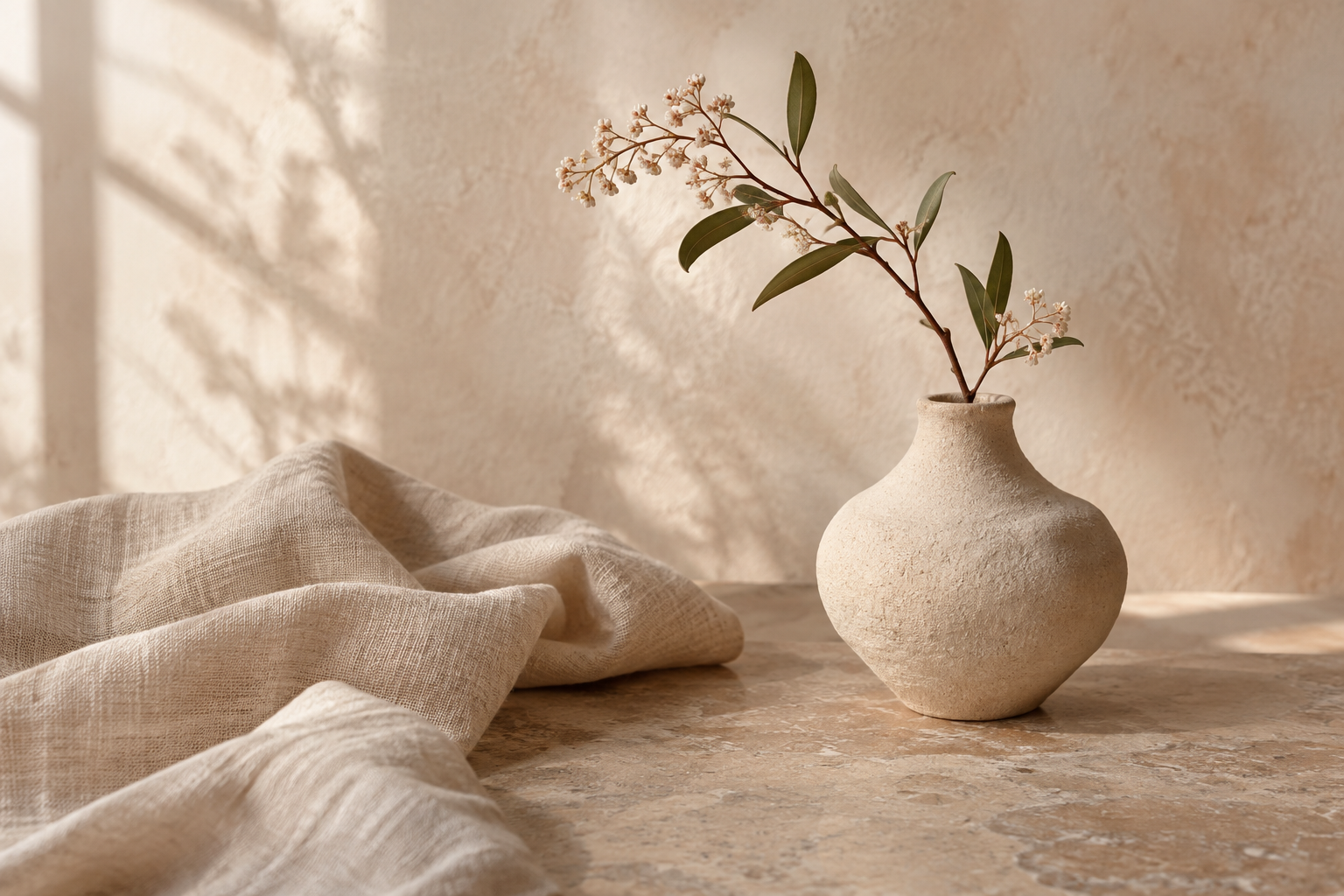 soft daylight linen and sculptural vase